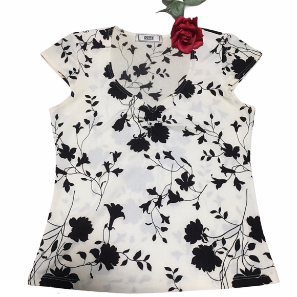 TOP BLACK & WHITE OBE CAP SLEEVE V NECK RUCHED EUC - Picture 1 of 5